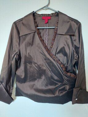 JS Collections Size 16  brown wrap formal blouse with beaded trim on the collar